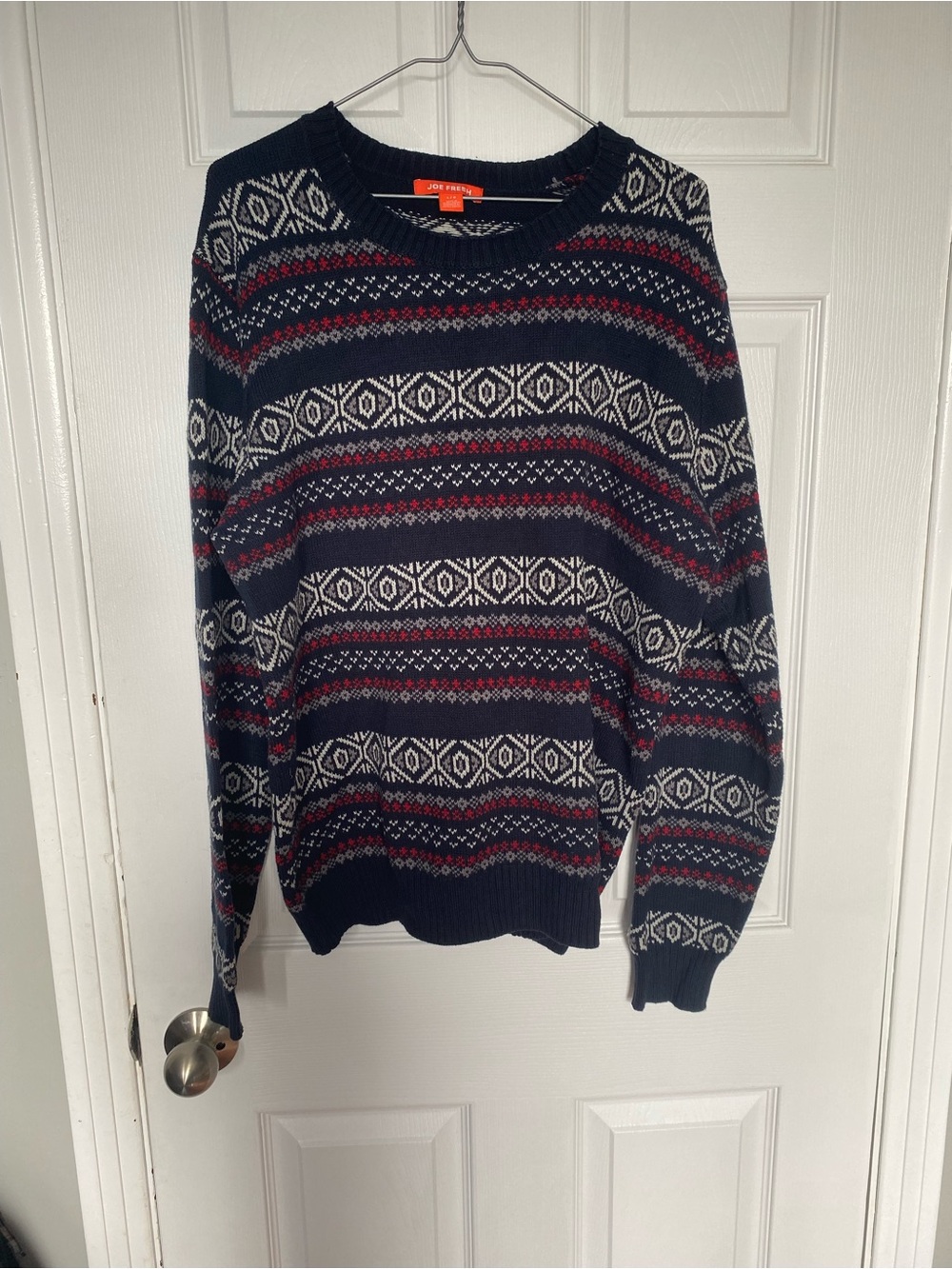 Joe Fresh Navy Fair Isle Crew Neck Sweater with Red and White Pattern Large
